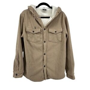 RGSTR Wide Wale Corduroy Hoodie Jacket Tan Button Front Fleece Lined Mens M